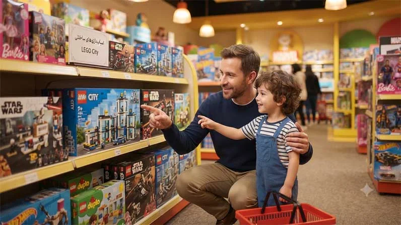 Dad and boy in the toy shop